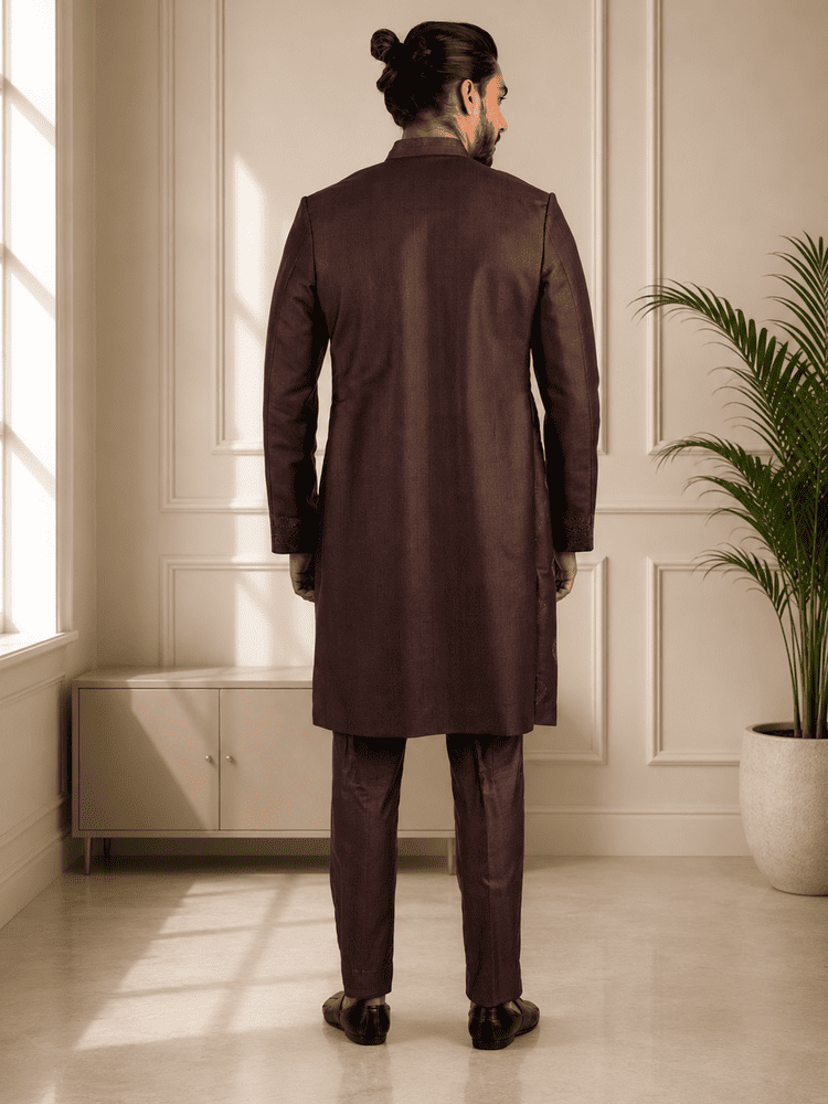 Wine Embroidered Achkan Set