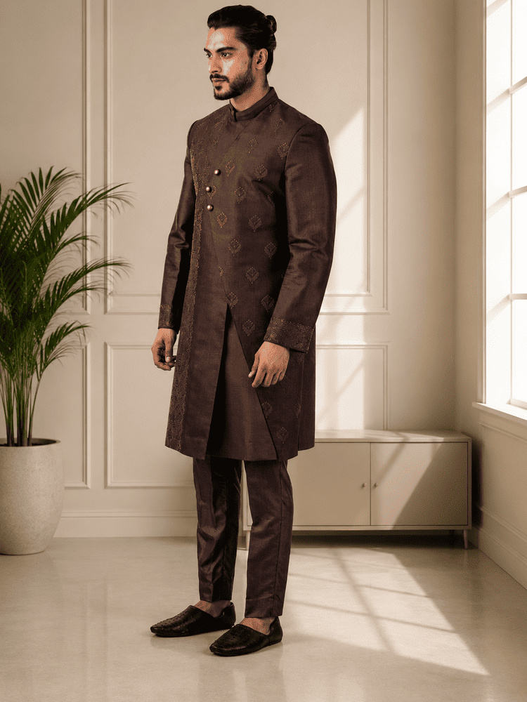 Wine Embroidered Achkan Set