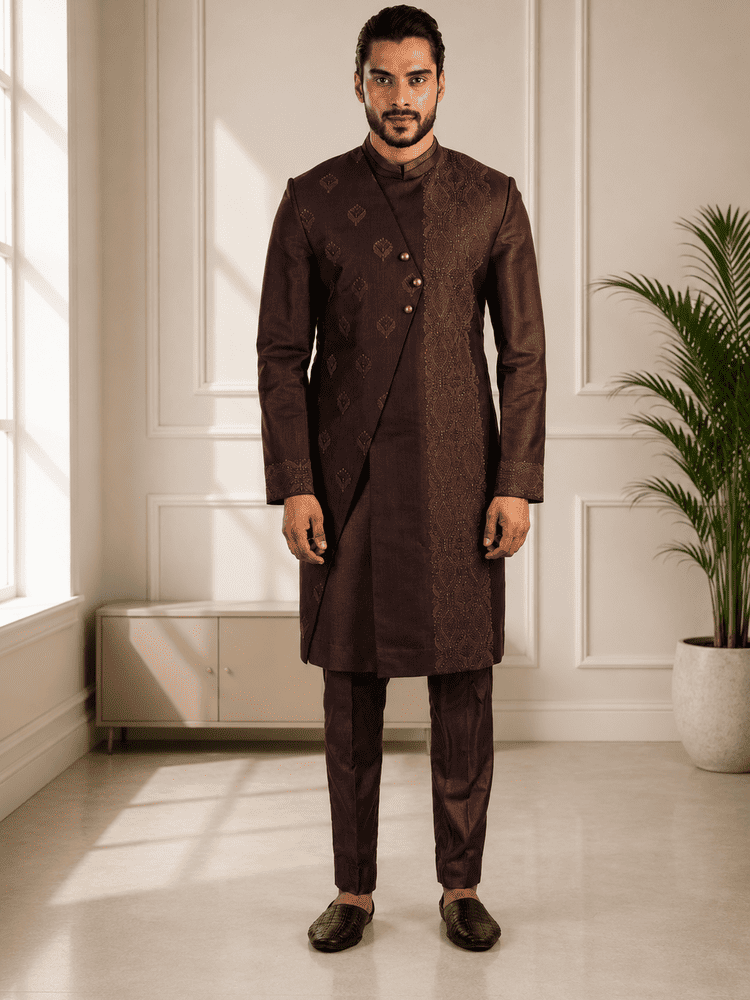 Wine Embroidered Achkan Set