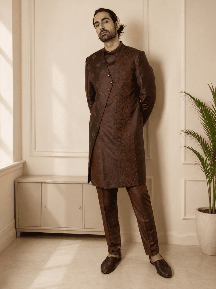 Wine Embroidered Achkan Set
