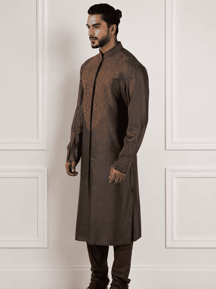 Charcoal Machine Embroidered Full Open Kurta Set