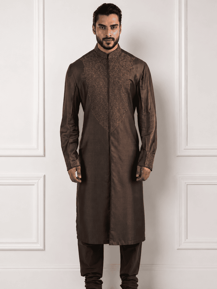 Charcoal Machine Embroidered Full Open Kurta Set