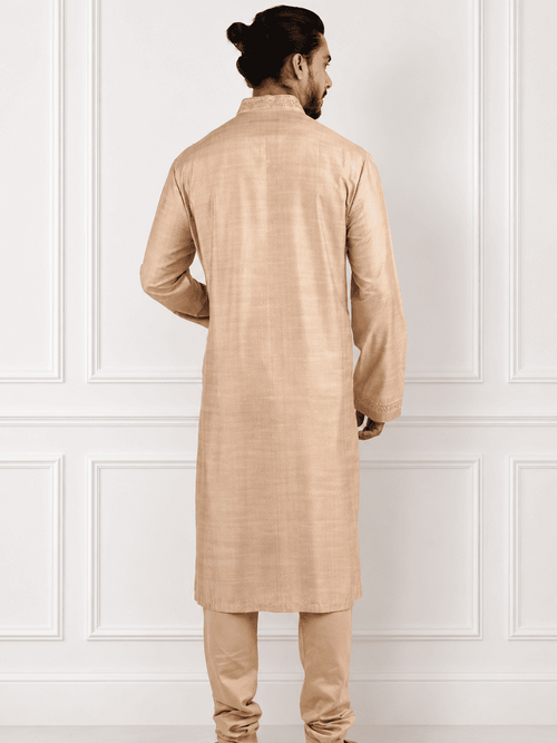 Beige Machine Embroidered And Pintucks Kurta Set