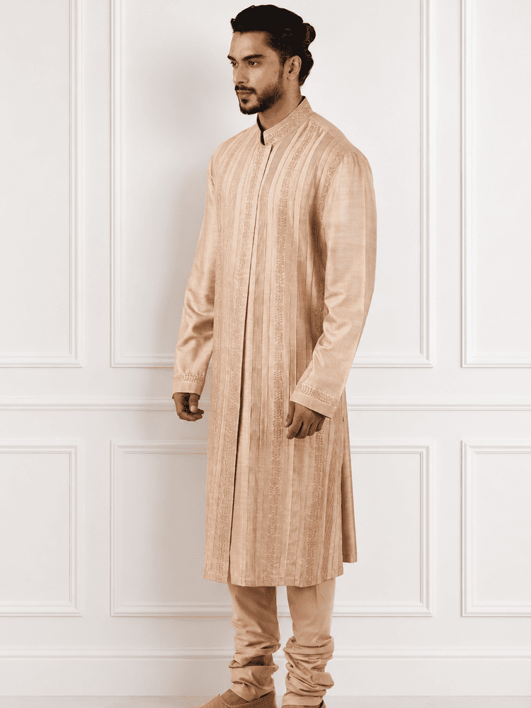 Beige Machine Embroidered And Pintucks Kurta Set