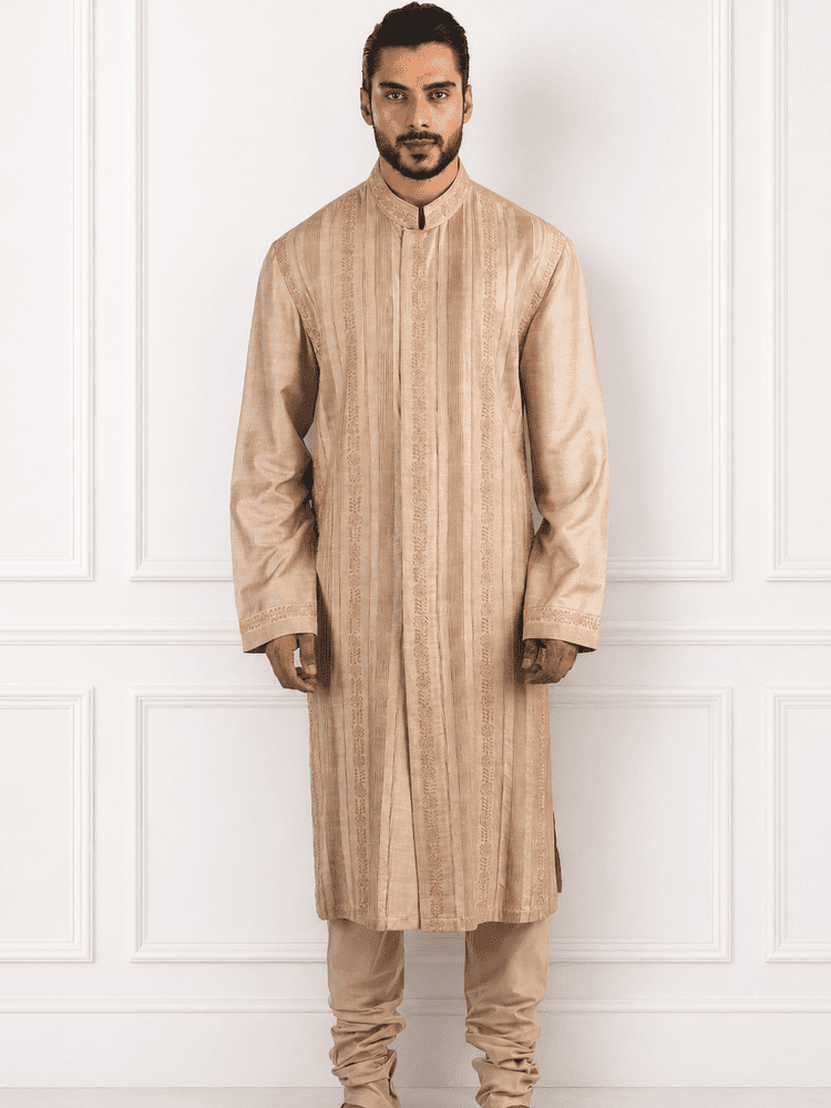 Beige Machine Embroidered And Pintucks Kurta Set