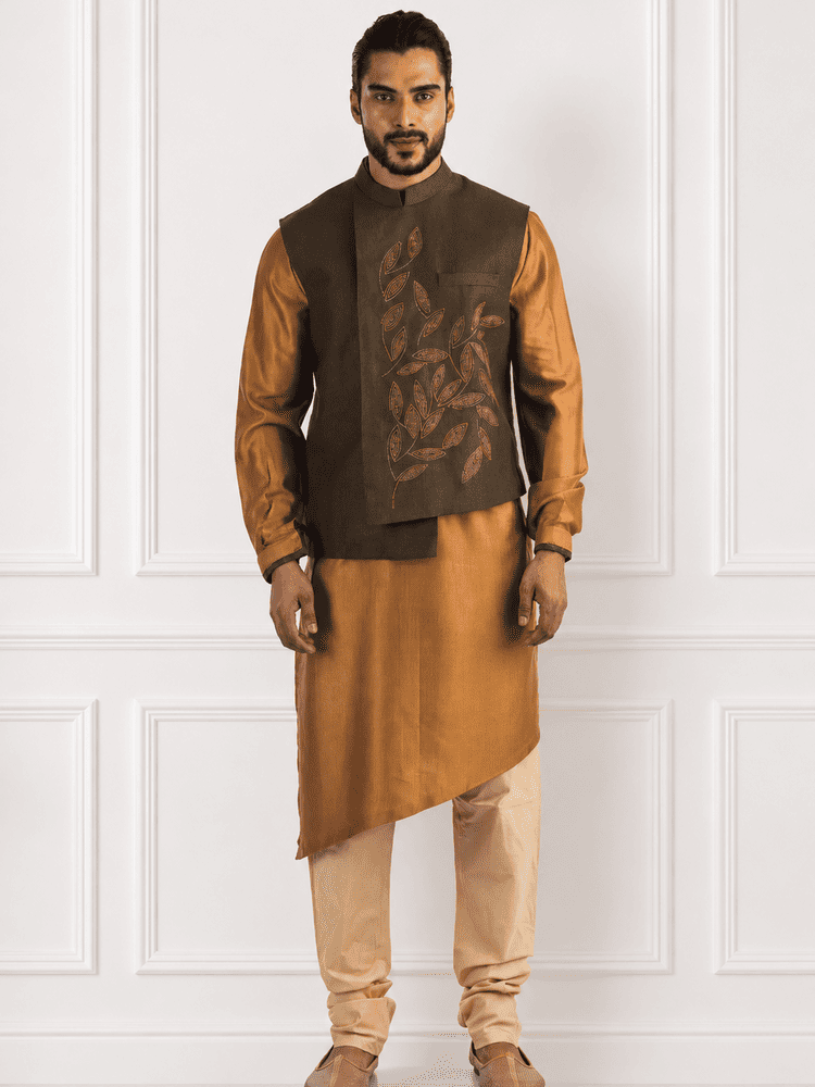Military Green Jacket With Mustard Colour Kurta Set
