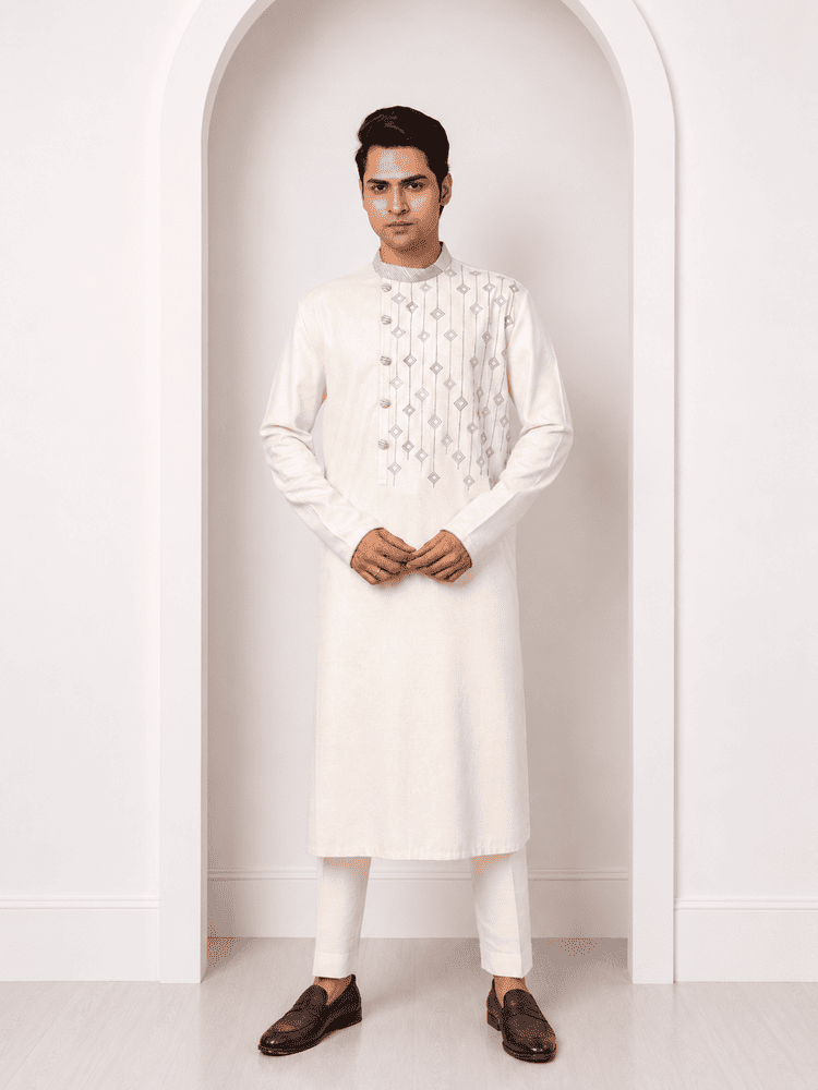 Offwhite Geometrical Pattern Embroidered Kurta Set