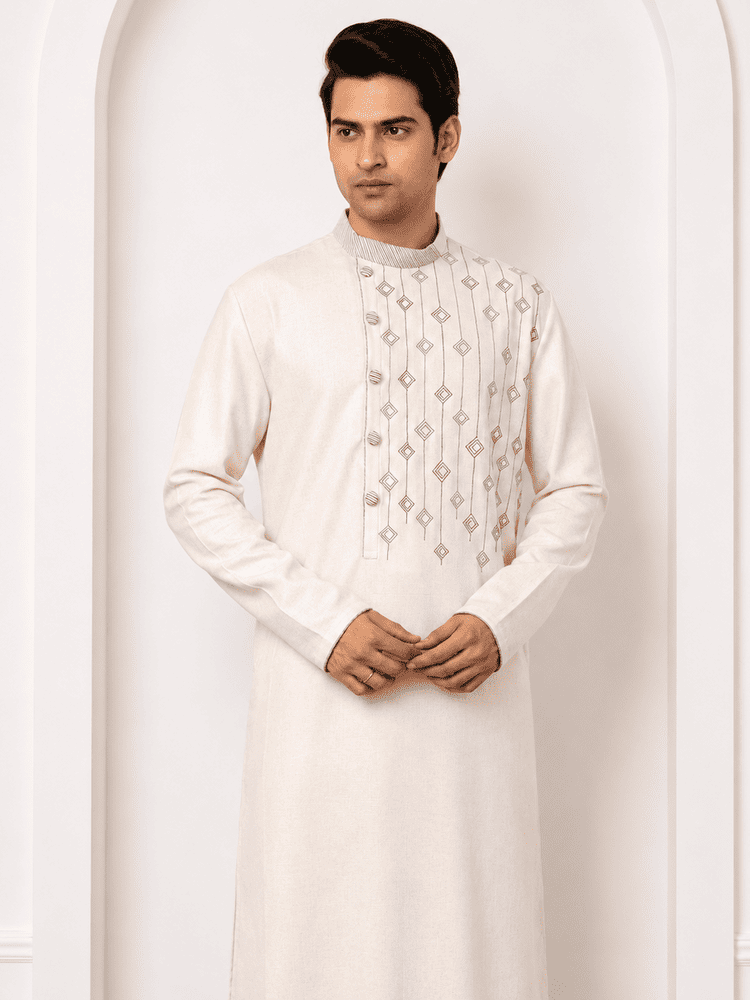 Offwhite Geometrical Pattern Embroidered Kurta Set