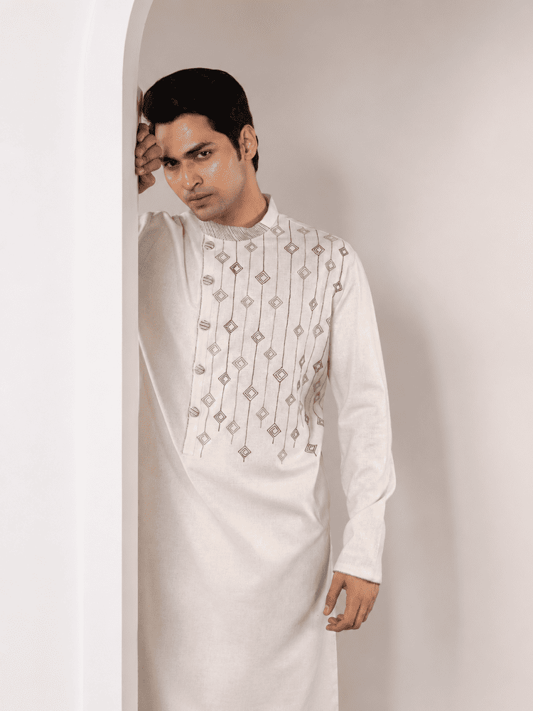 Offwhite Geometrical Pattern Embroidered Kurta Set