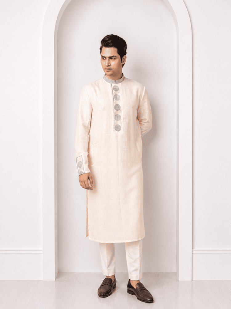 Offwhite Geometrical Pattern Embroidered Kurta Set