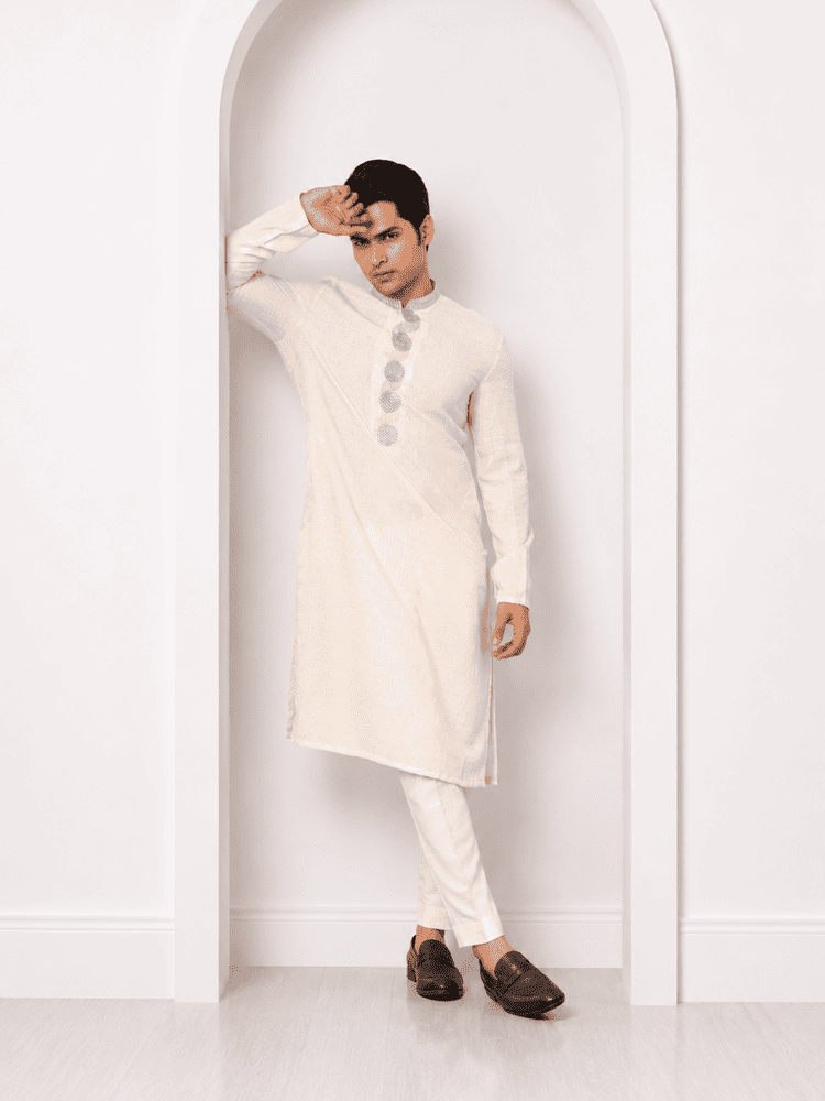 Offwhite Geometrical Pattern Embroidered Kurta Set