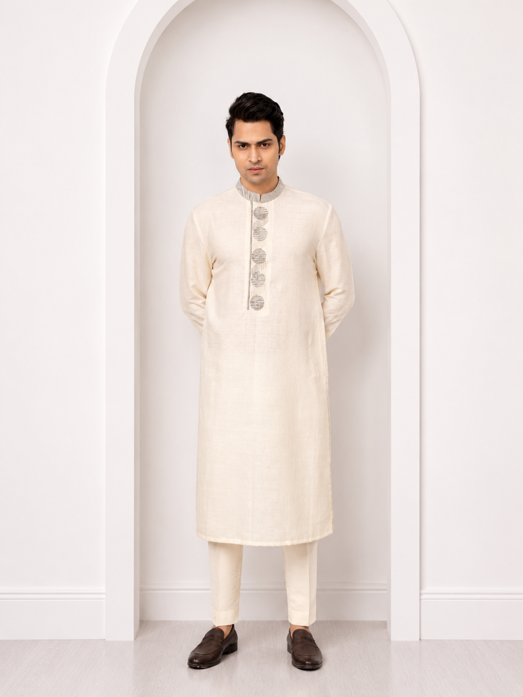 Offwhite Geometrical Pattern Embroidered Kurta Set