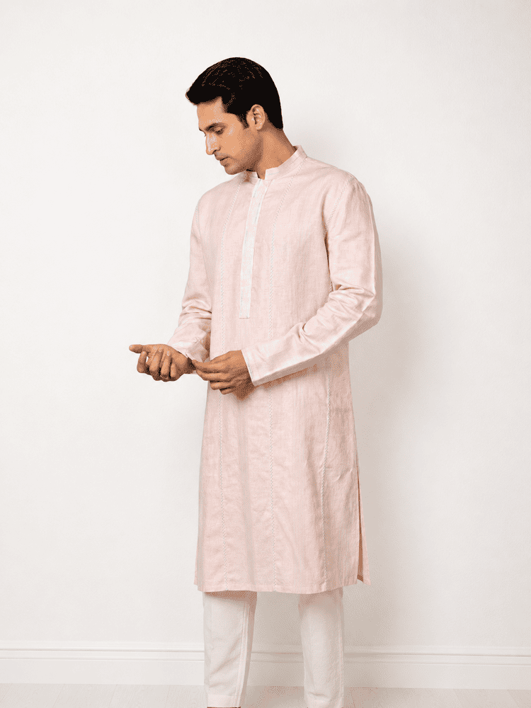 Pink linen embroidered Kurta Set