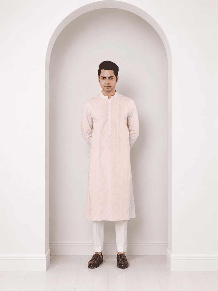 Pink linen embroidered Kurta Set