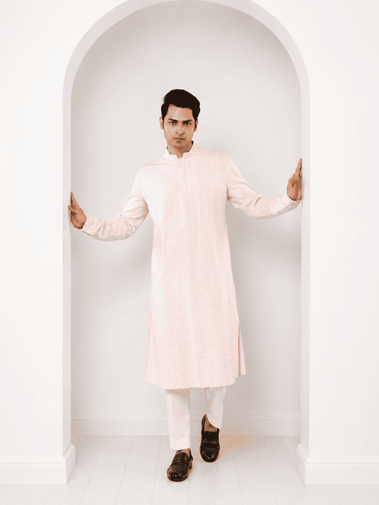 Pink linen embroidered Kurta Set