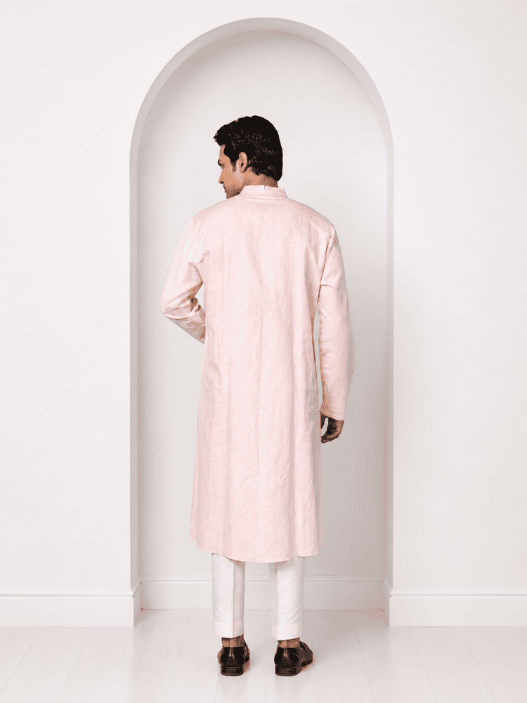 Pink linen embroidered Kurta Set