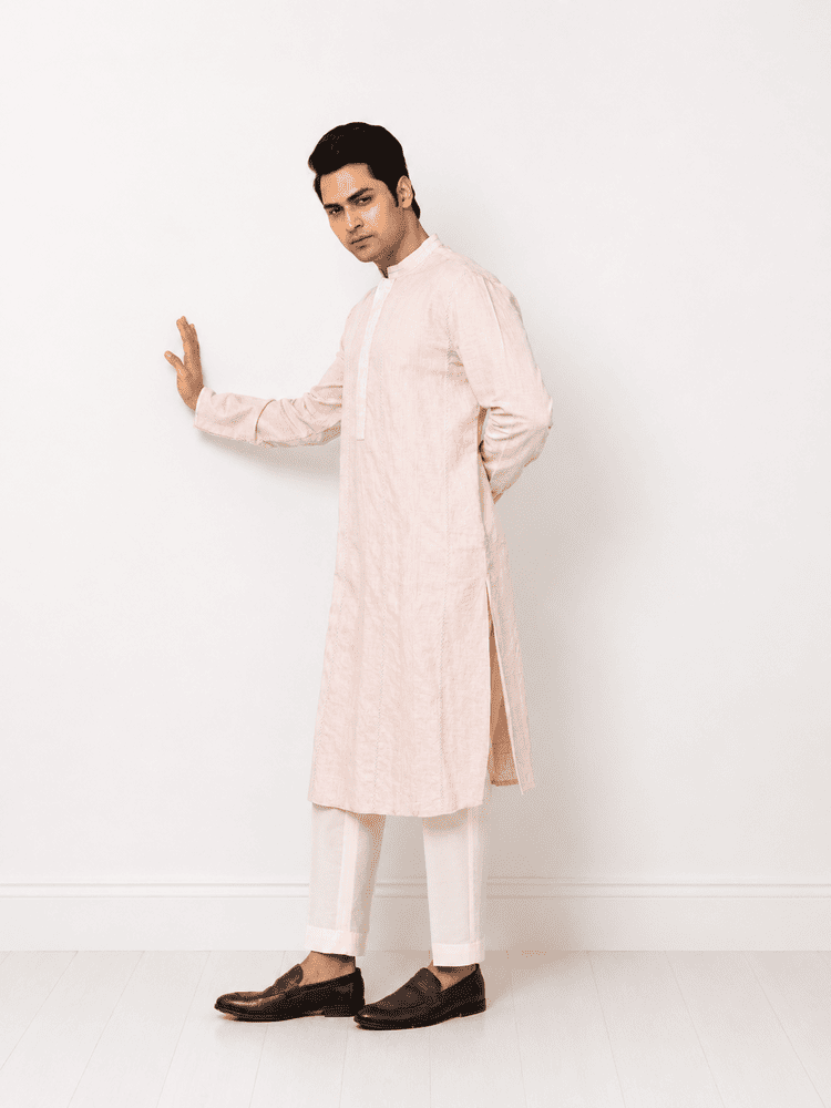 Pink linen embroidered Kurta Set