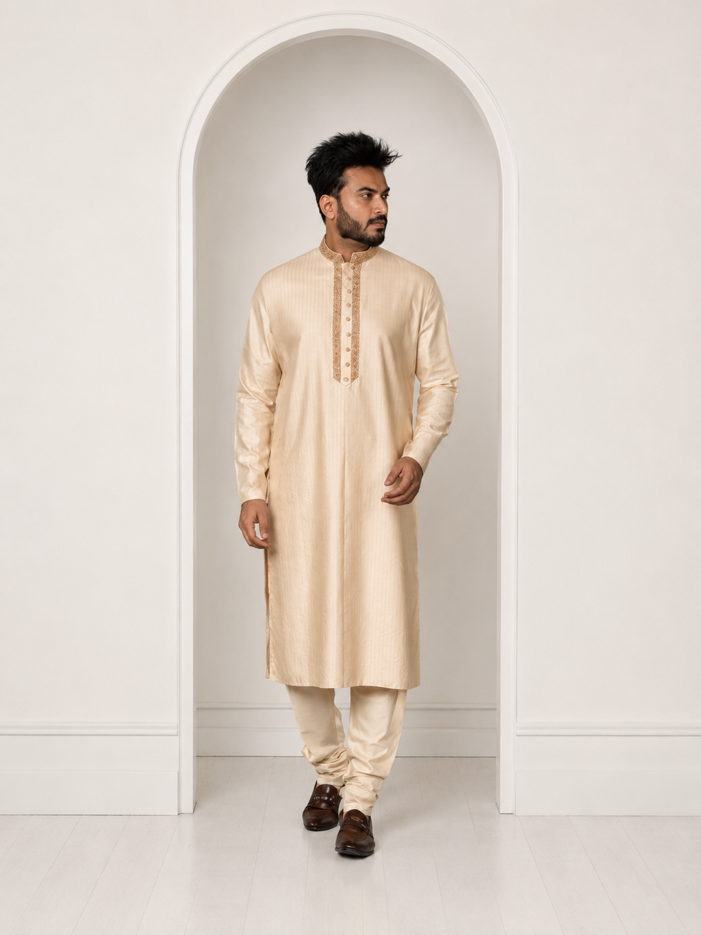 Beige Moonga Kashmiri Work Kurta Paired With Pants