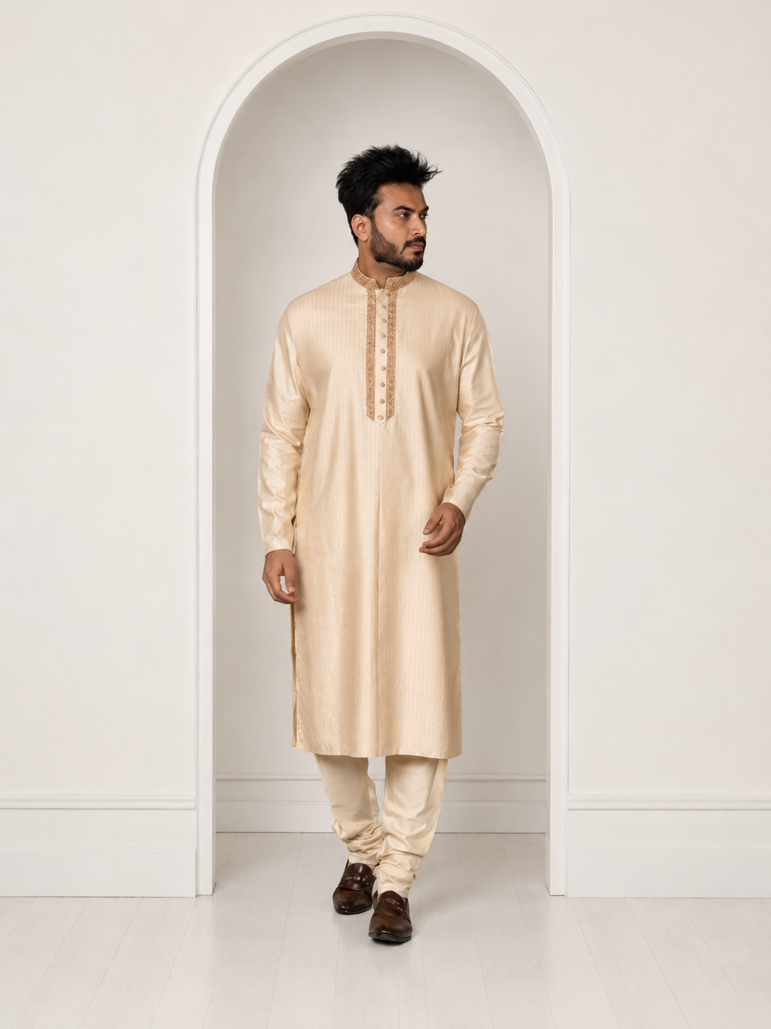 Beige Moonga Kashmiri Work Kurta Paired With Pants