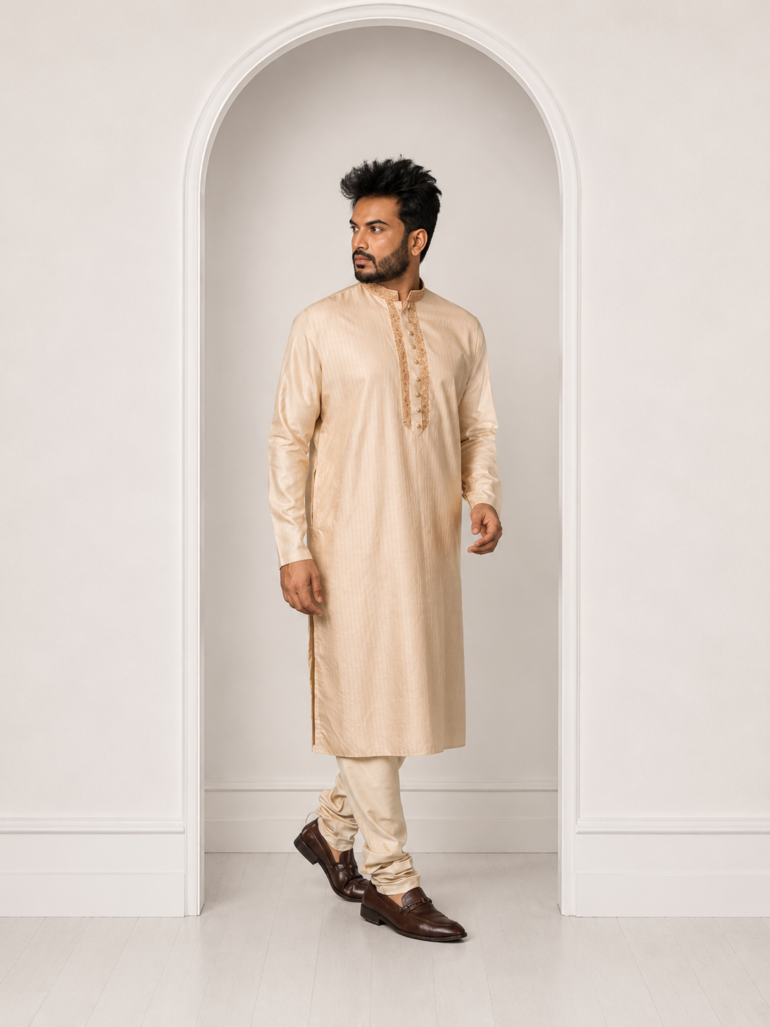 Beige Moonga Kashmiri Work Kurta Paired With Pants