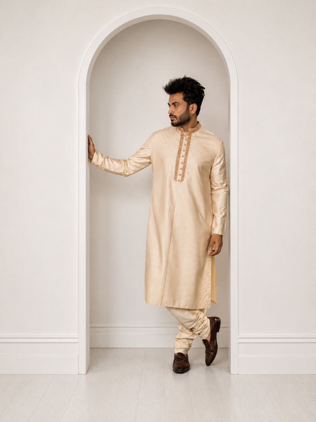 Beige Moonga Kashmiri Work Kurta Paired With Pants
