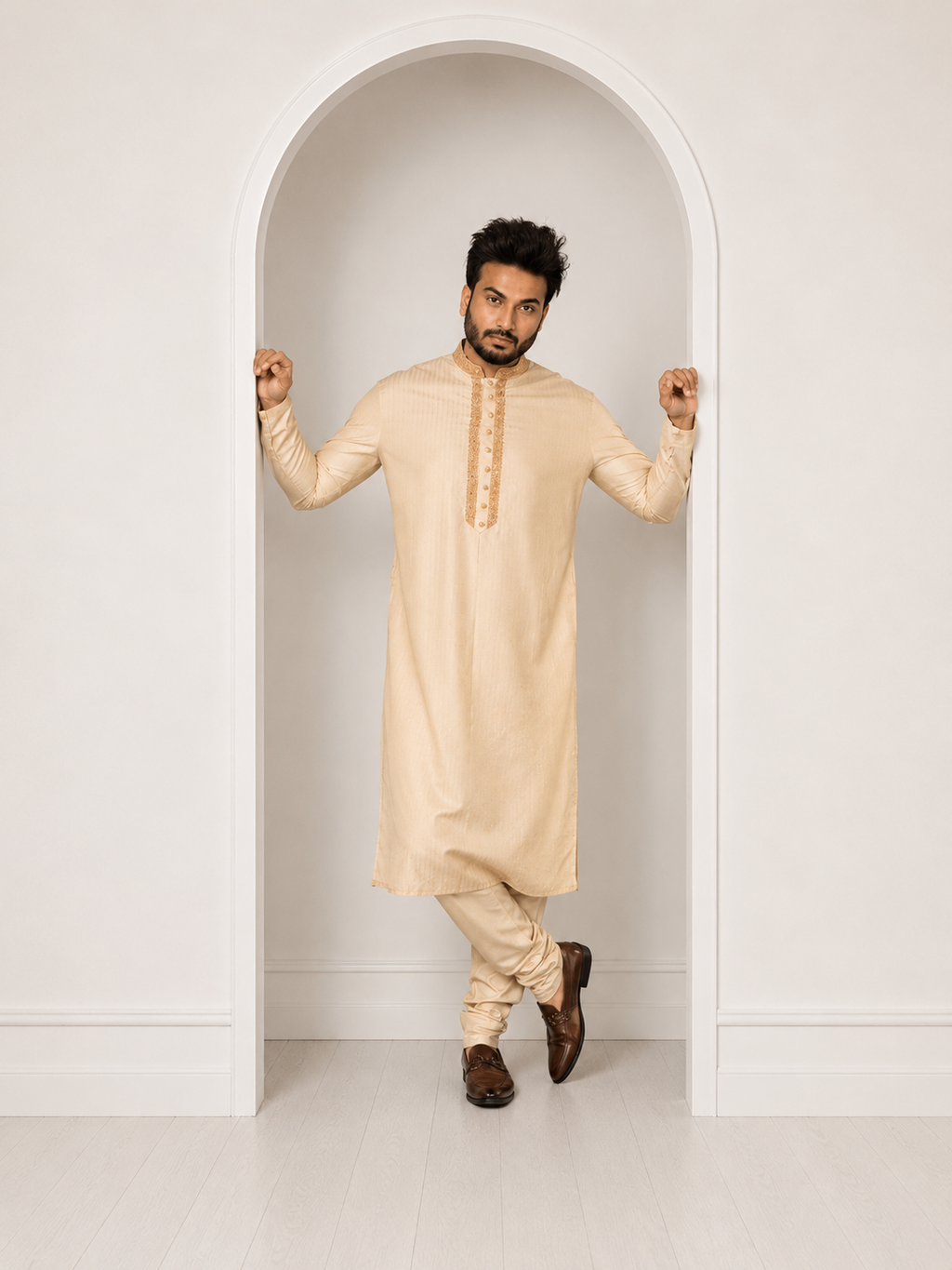 Beige Moonga Kashmiri Work Kurta Paired With Pants