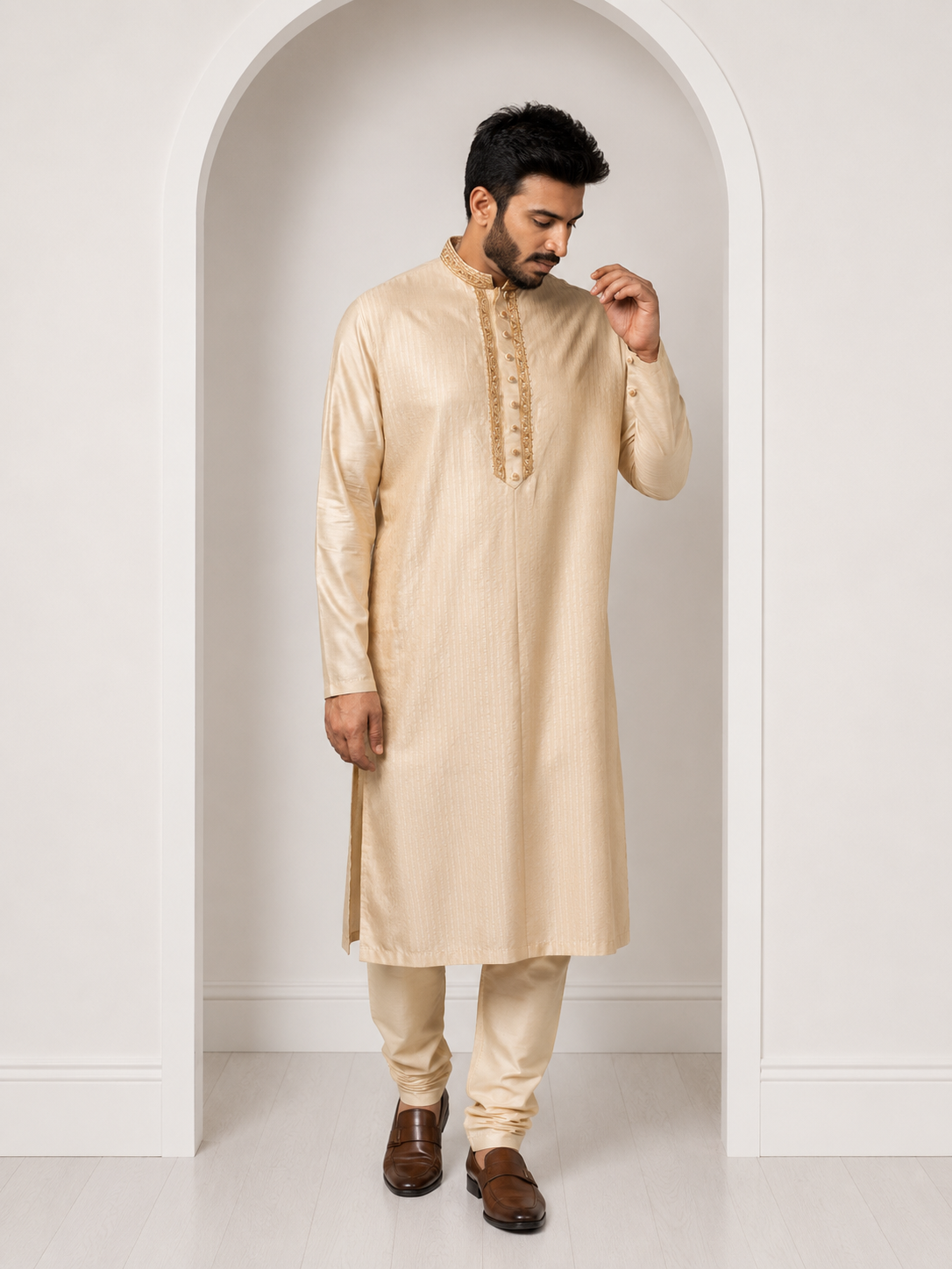 Beige Moonga Kashmiri Work Kurta Paired With Pants