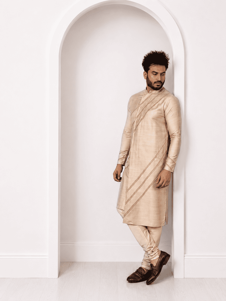 Beige Diangonal Pintucks Kurta Set