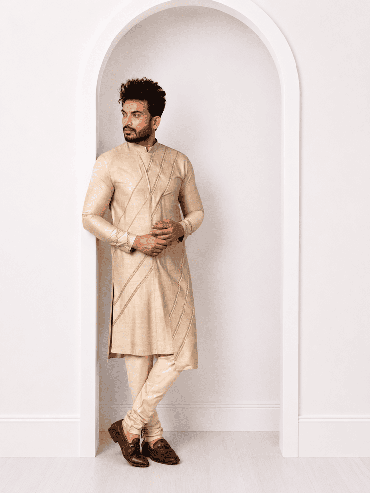 Beige Diangonal Pintucks Kurta Set
