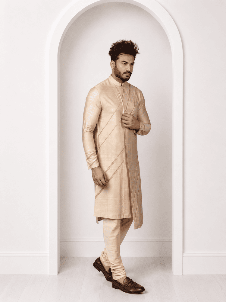 Beige Diangonal Pintucks Kurta Set