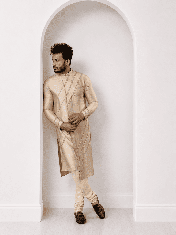 Beige Diangonal Pintucks Kurta Set
