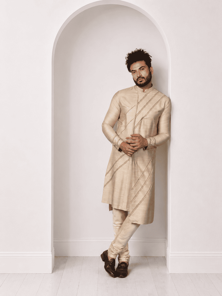 Beige Diangonal Pintucks Kurta Set