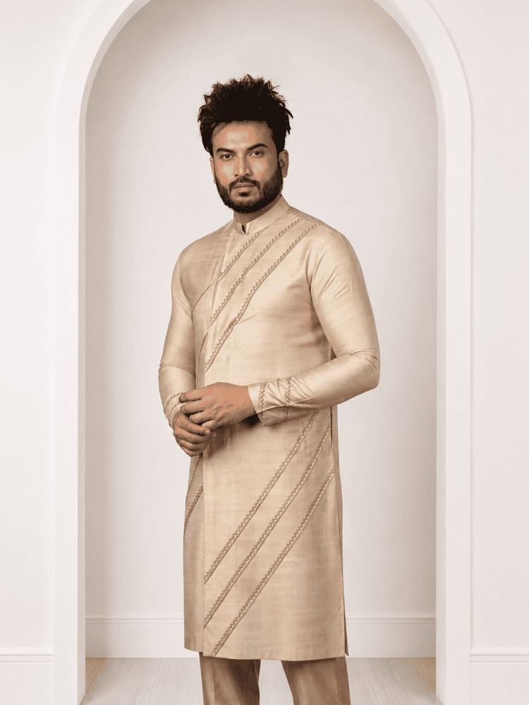 Beige Diangonal Pintucks Kurta Set