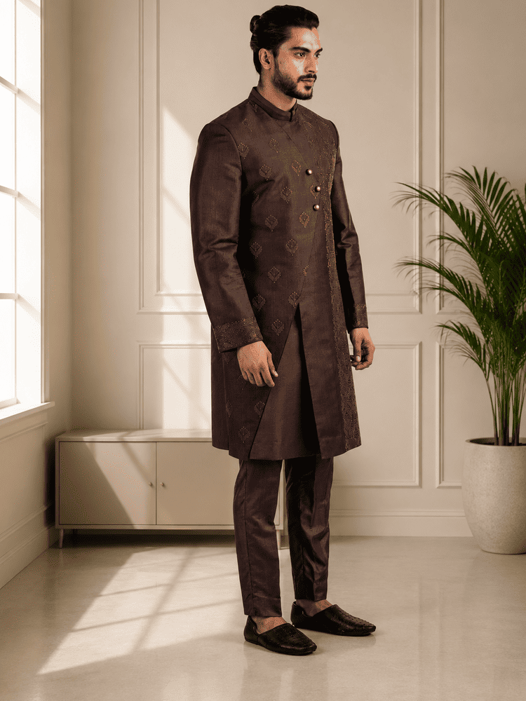 Wine Embroidered Achkan Set