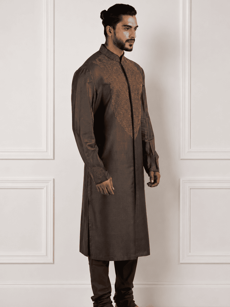 Charcoal Machine Embroidered Full Open Kurta Set