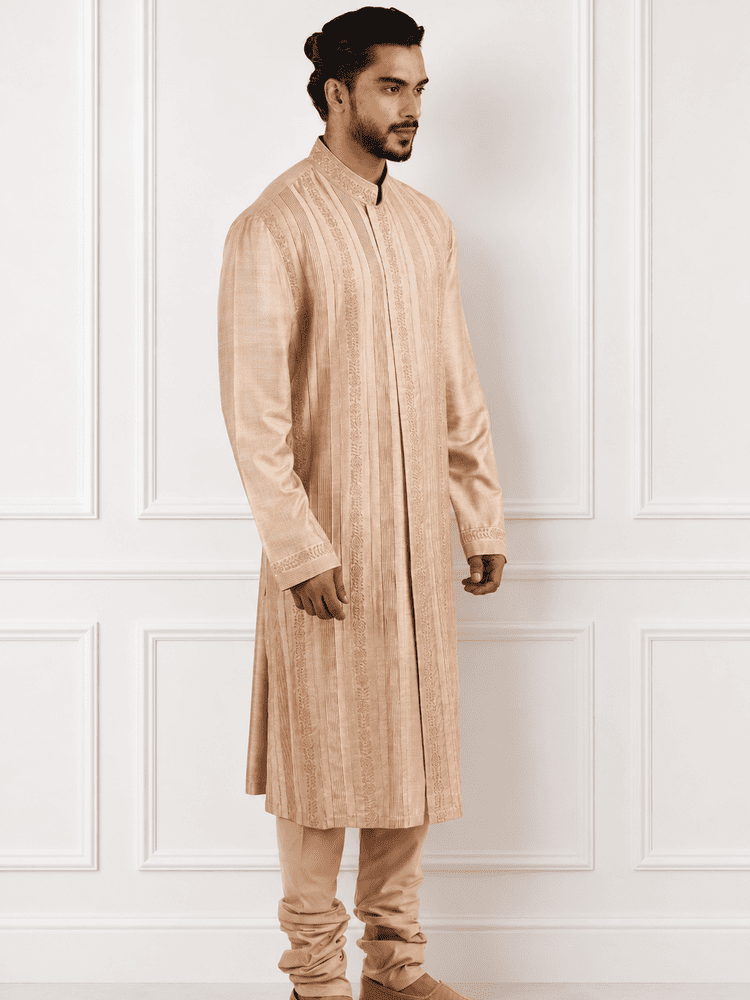 Beige Machine Embroidered And Pintucks Kurta Set