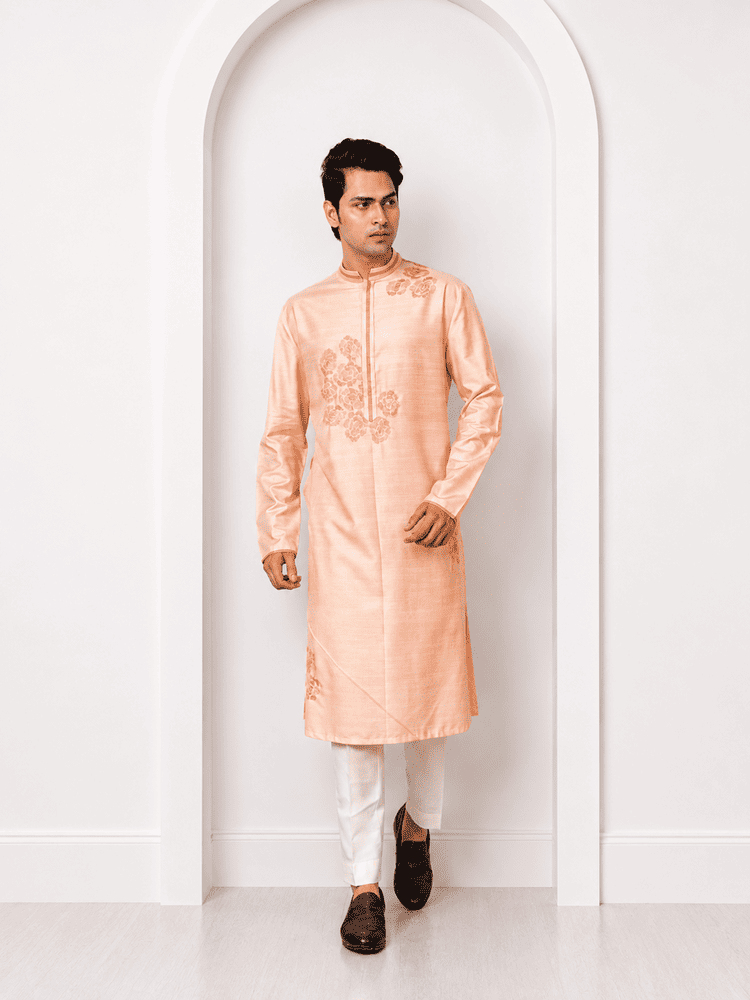 Peach Embroidered Kurta with Ivory Pants