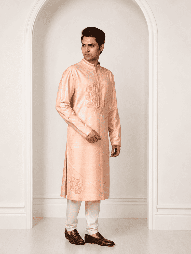 Peach Embroidered Kurta with Ivory Pants