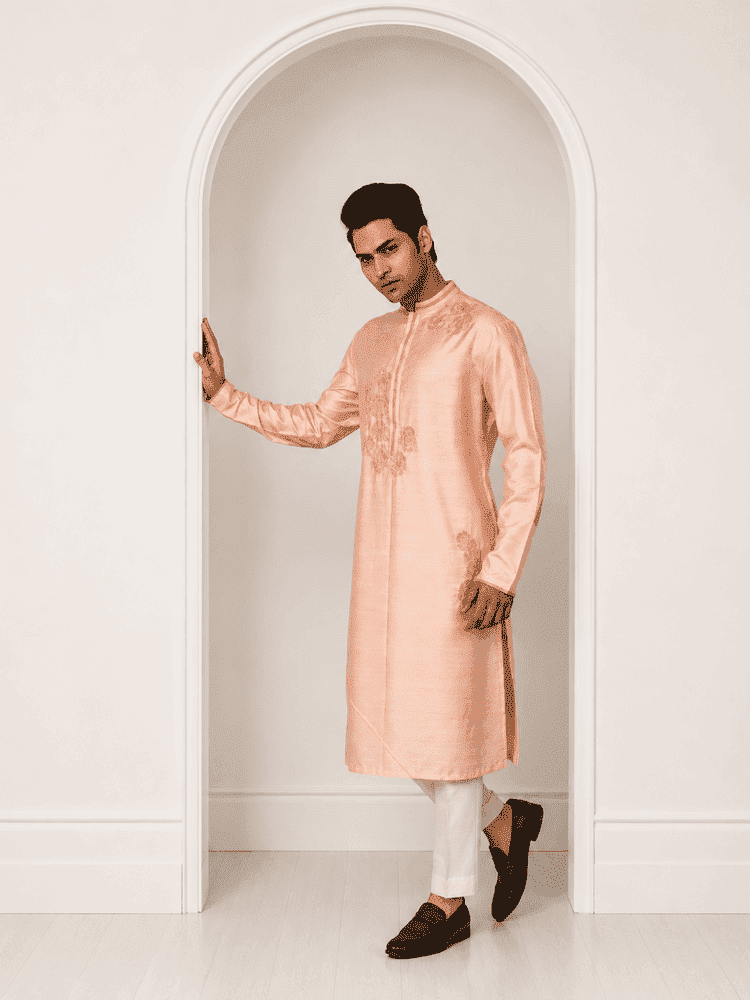 Peach Embroidered Kurta with Ivory Pants