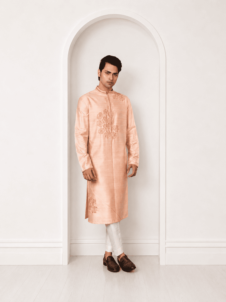 Peach Embroidered Kurta with Ivory Pants