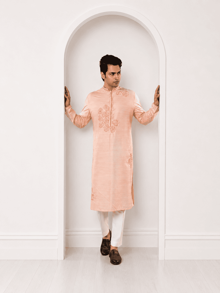 Peach Embroidered Kurta with Ivory Pants