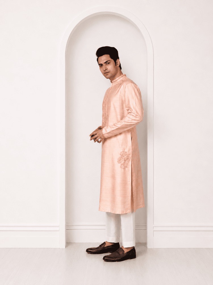 Peach Embroidered Kurta with Ivory Pants