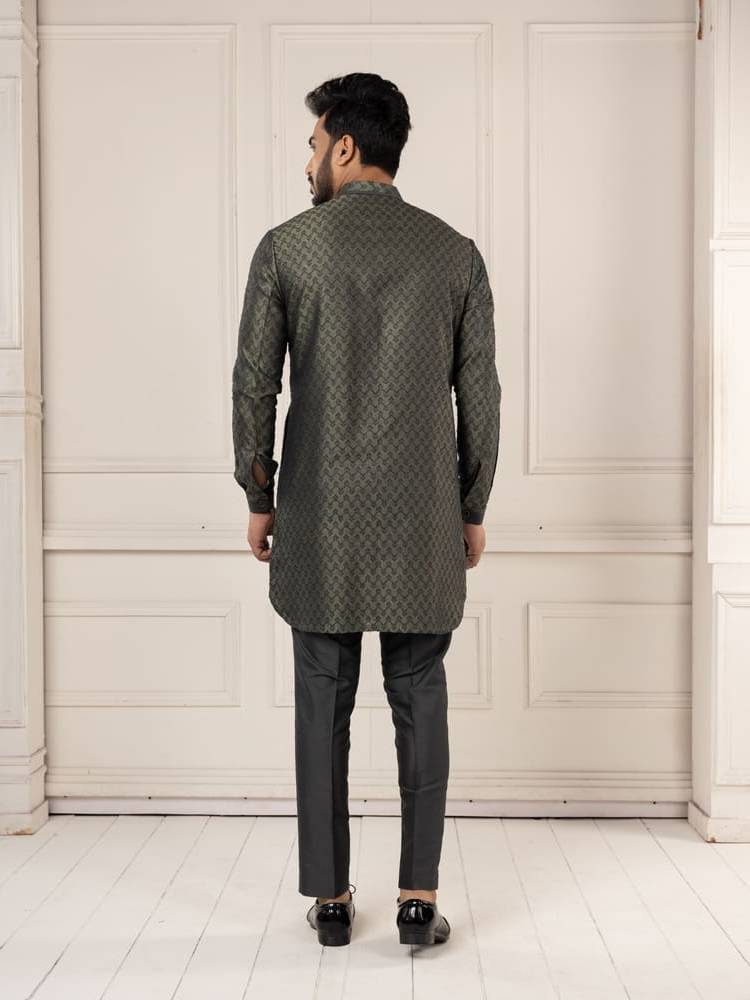 Olive Ikkat Pattern Woven Kurta Set