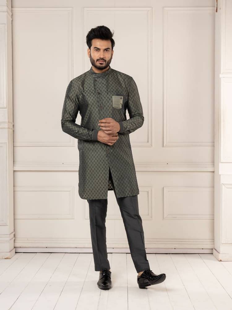 Olive Ikkat Pattern Woven Kurta Set