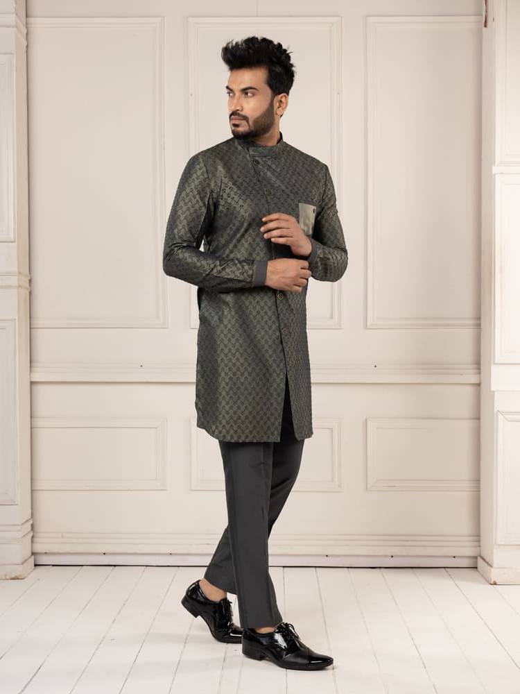 Olive Ikkat Pattern Woven Kurta Set