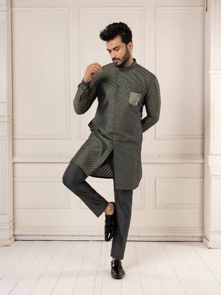 Olive Ikkat Pattern Woven Kurta Set