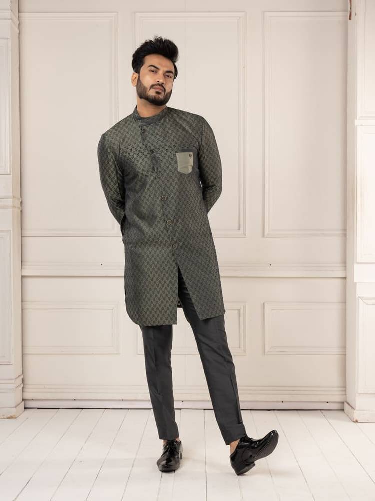 Olive Ikkat Pattern Woven Kurta Set