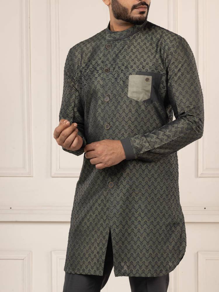 Olive Ikkat Pattern Woven Kurta Set