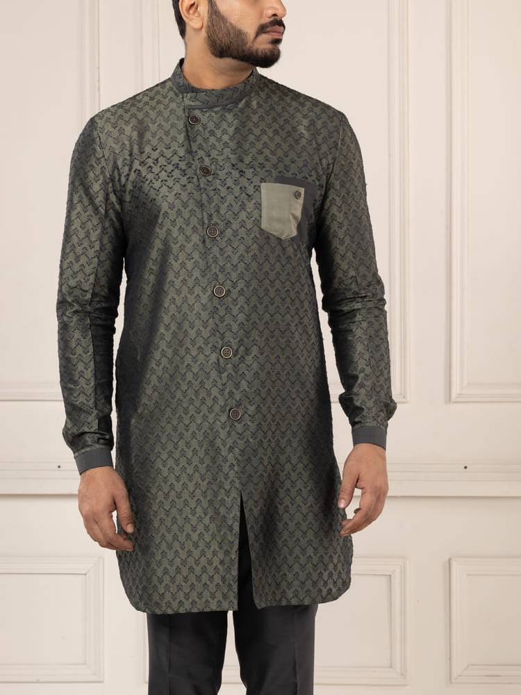 Olive Ikkat Pattern Woven Kurta Set