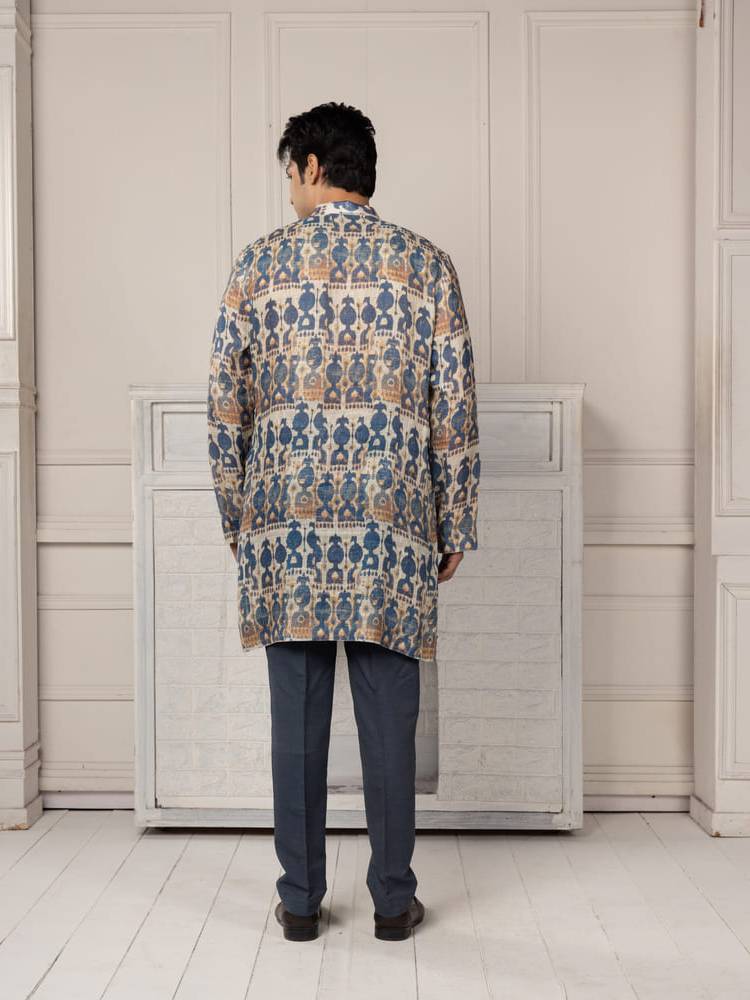 Blue and beige printed kurta with a straight fit trousers